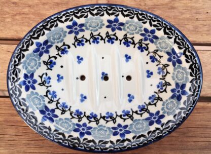 Bunzlauer Seifenschale - Blaue Blümchen